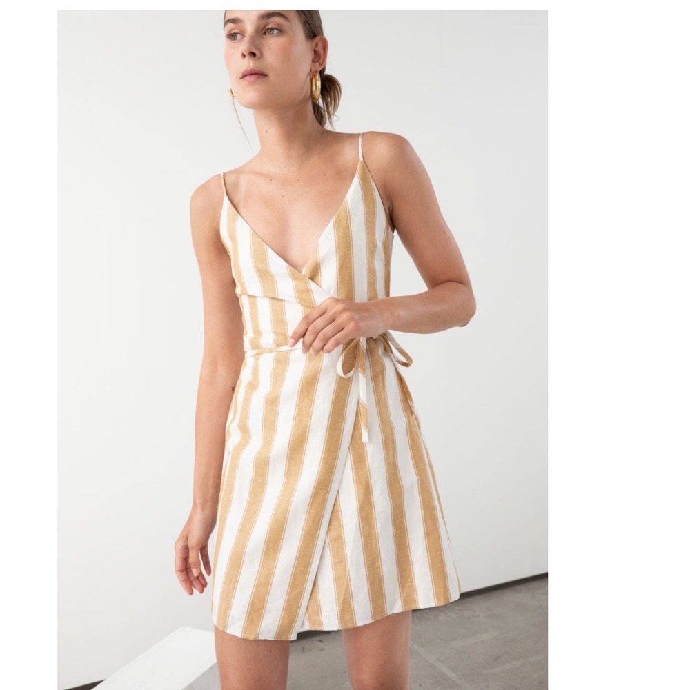 & Other Stories Striped Wrap Mini Dress in White and Tan